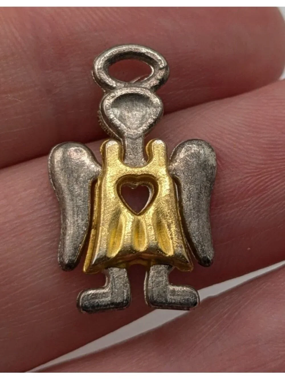 Vintage Guardian Angel Lapel Pin Silver Tone & Gold Heart Accent Cutout